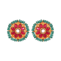 Silver Studs with gold plating featuring red floral motifs surrounded by green bead halos and intricate metalwork detailing.