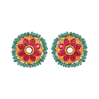 Silver Studs with gold plating featuring red floral motifs surrounded by green bead halos and intricate metalwork detailing.