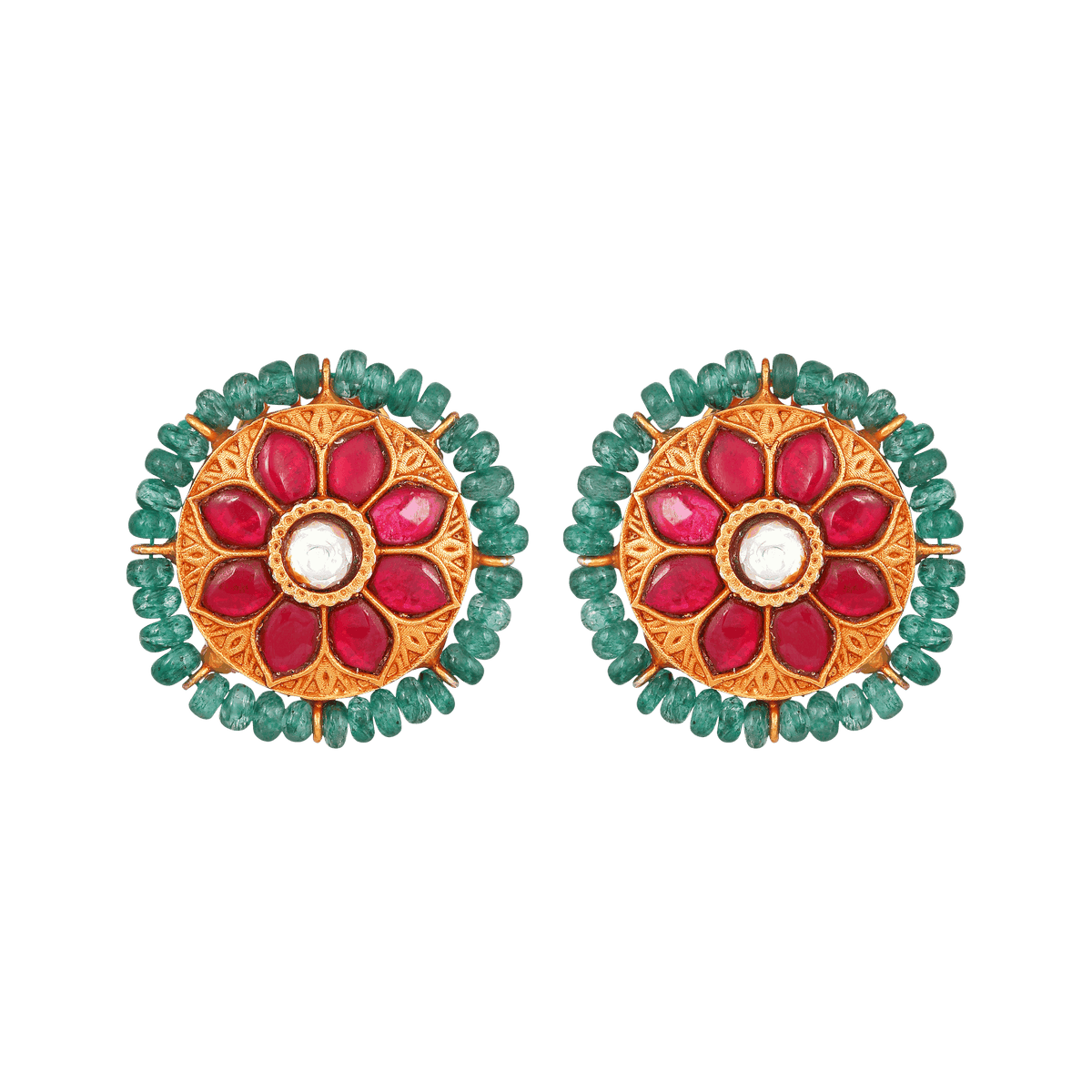 Silver Studs with gold plating featuring red floral motifs surrounded by green bead halos and intricate metalwork detailing.