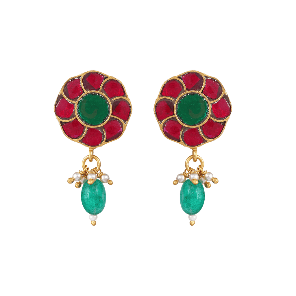 92.5 Silver Gold Plated earrings with red and green floral studs, gold detailing, and dangling green bead drops with small pearls.