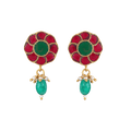 92.5 Silver Gold Plated earrings with red and green floral studs, gold detailing, and dangling green bead drops with small pearls.