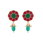 92.5 Silver Gold Plated earrings with red and green floral studs, gold detailing, and dangling green bead drops with small pearls.