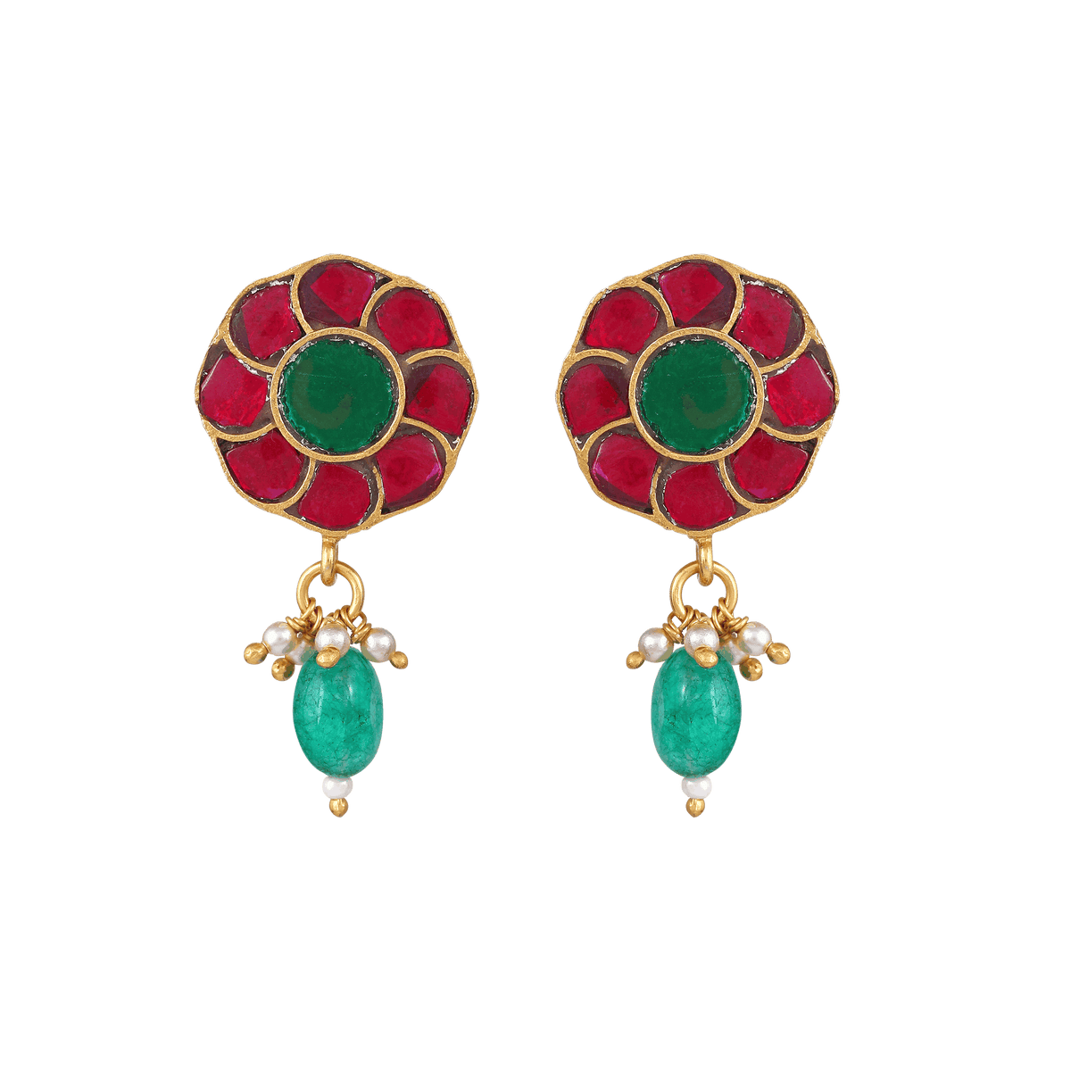 92.5 Silver Gold Plated earrings with red and green floral studs, gold detailing, and dangling green bead drops with small pearls.