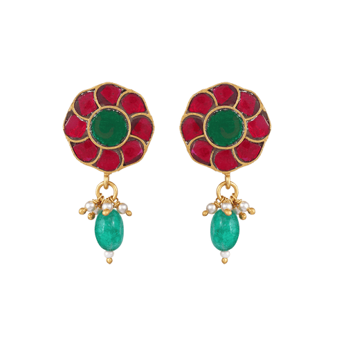 92.5 Silver Gold Plated earrings with red and green floral studs, gold detailing, and dangling green bead drops with small pearls.