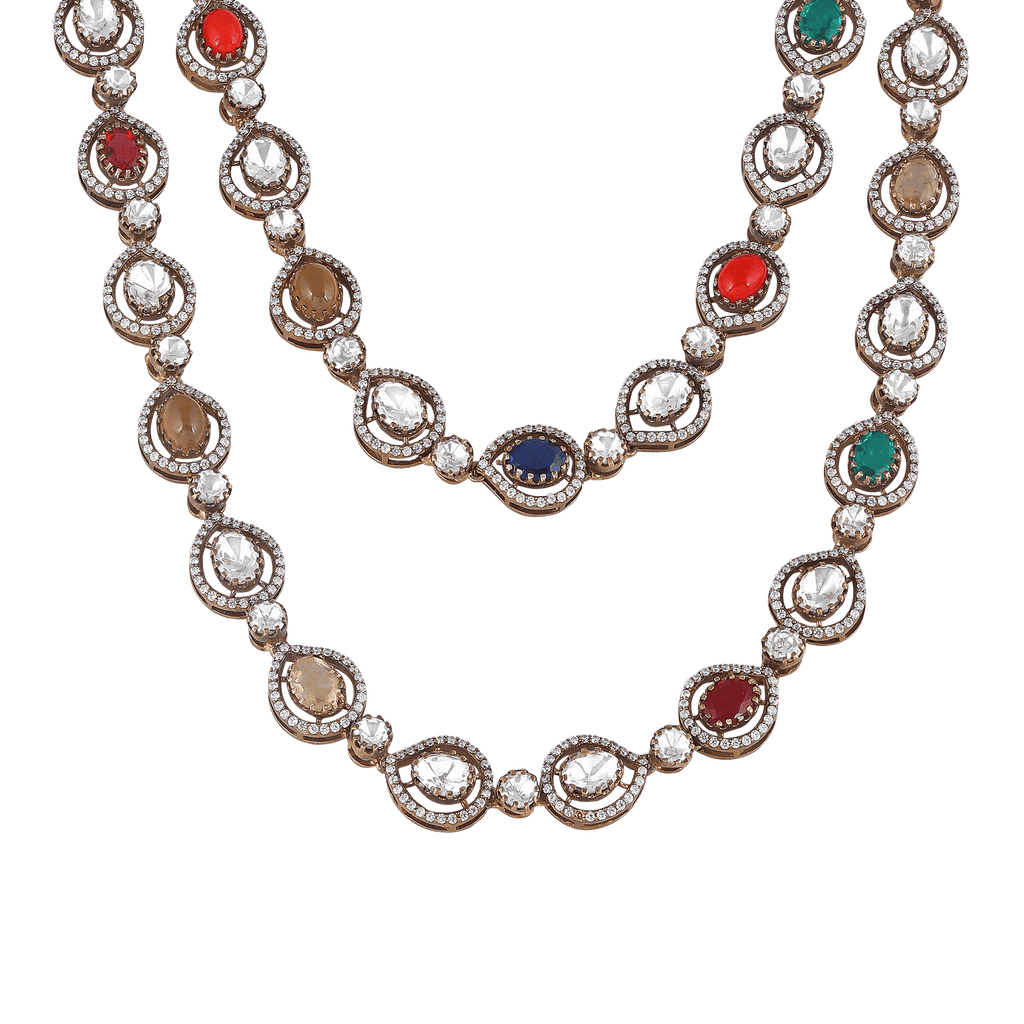 Regal Navratan Design Silver Double-Layered NecklaceRegal Navratan Design