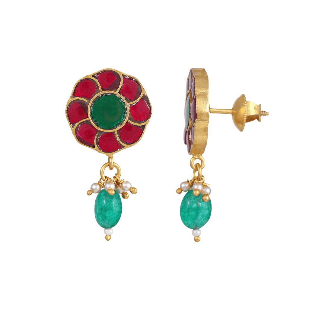 92.5 Silver Gold Plated Floral Earrings by Tavya Jewellery - full view