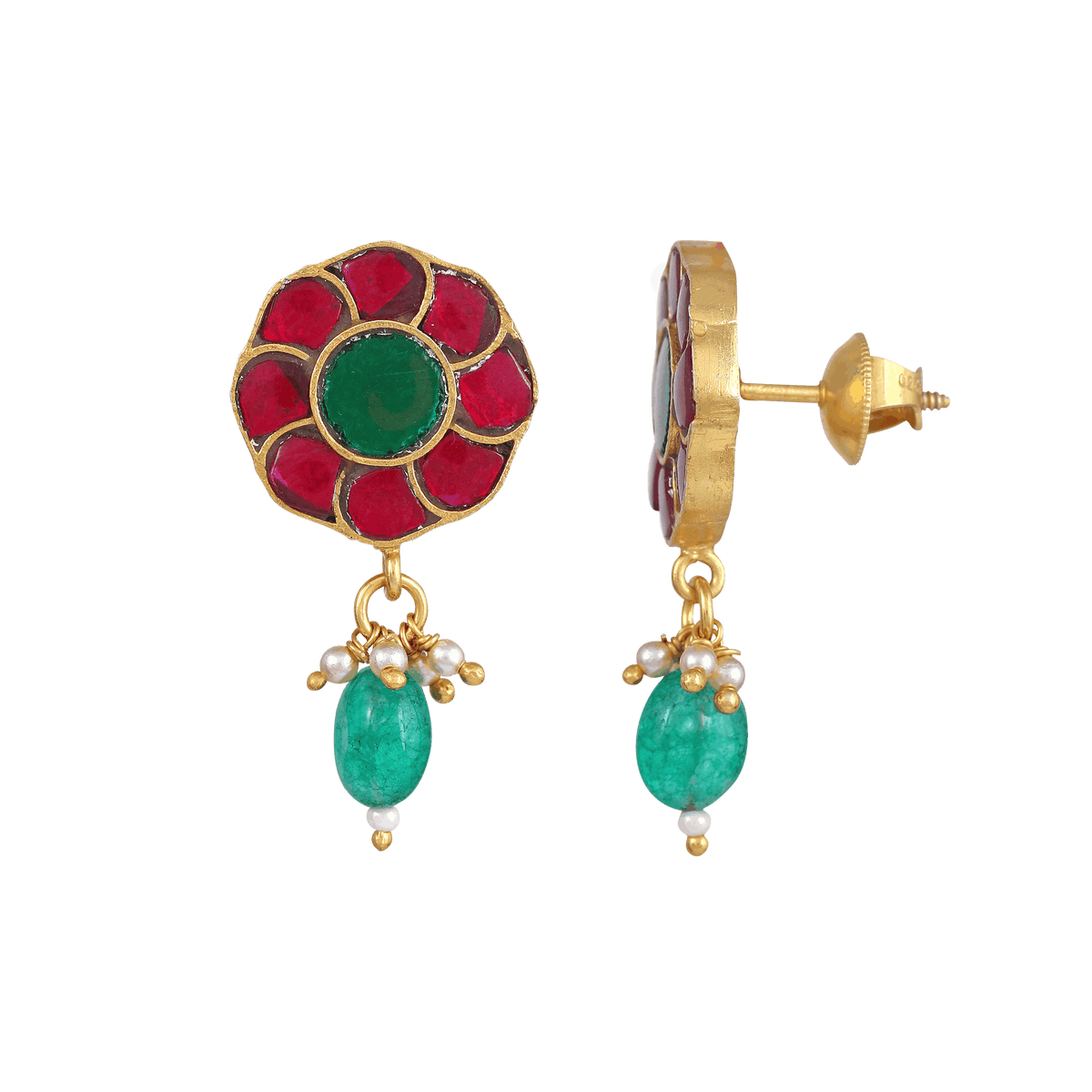 92.5 Silver Gold Plated Floral Earrings by Tavya Jewellery - full view