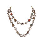Double-layered silver necklace with multi-colored gemstones and clear crystals bezel-set in a Regal Navratan Design pattern.