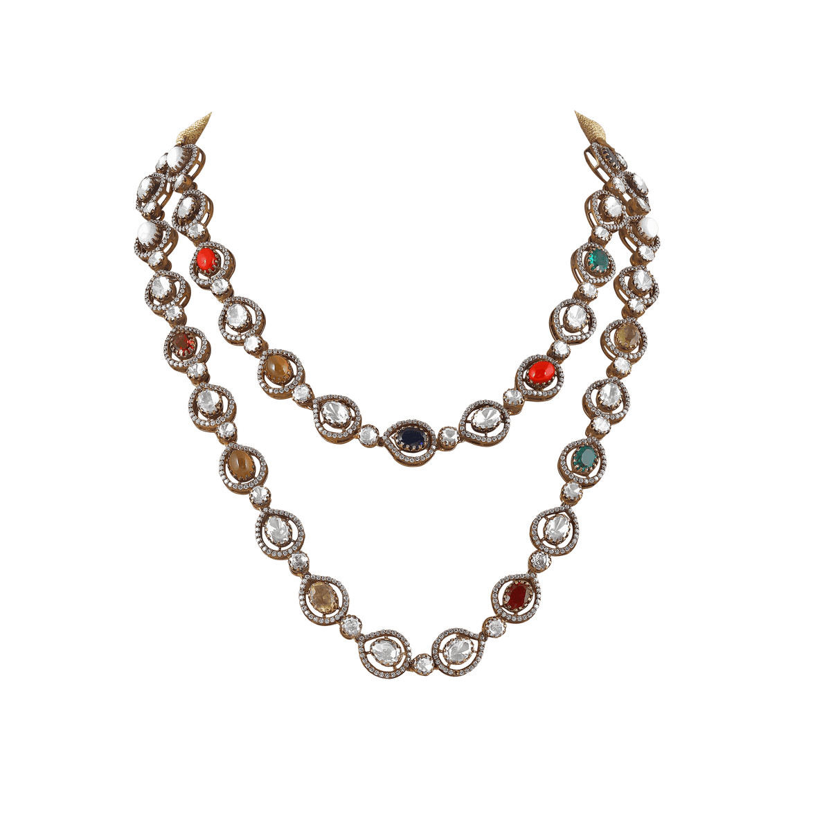 Double-layered silver necklace with multi-colored gemstones and clear crystals bezel-set in a Regal Navratan Design pattern.