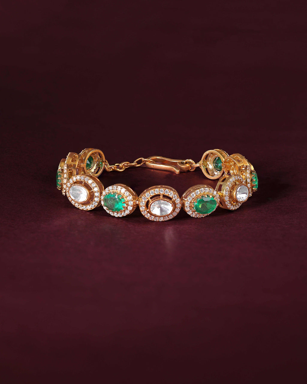 Gold Plated Silver Polki Pattern Bracelet with Green StoneGold Plated Silver