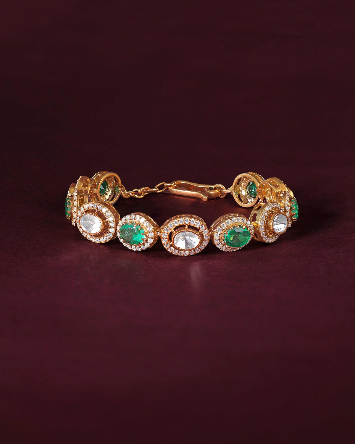 Gold Plated Silver Polki Pattern Bracelet with Green StoneGold Plated Silver
