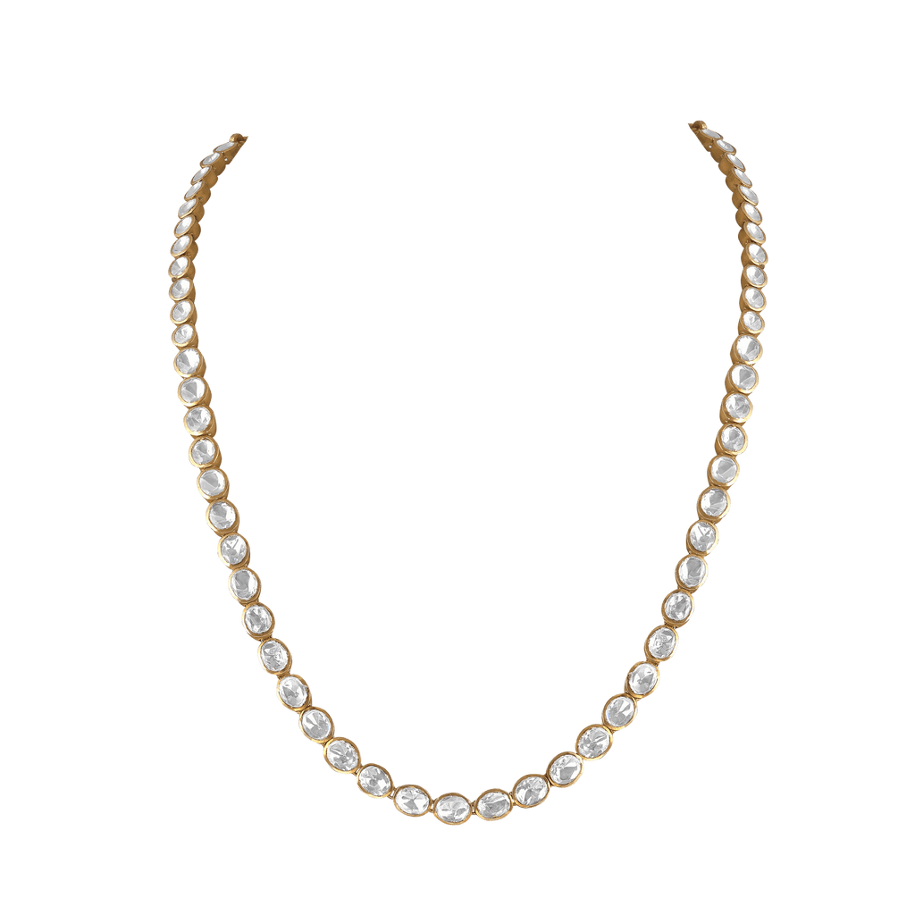 Silver Single Layer Necklace featuring bezel-set clear stones in a continuous gold-tone setting with a classic Polki-style design.