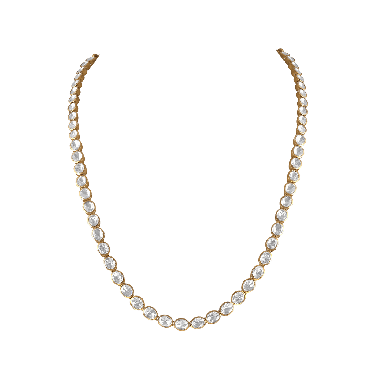 Silver Single Layer Necklace featuring bezel-set clear stones in a continuous gold-tone setting with a classic Polki-style design.