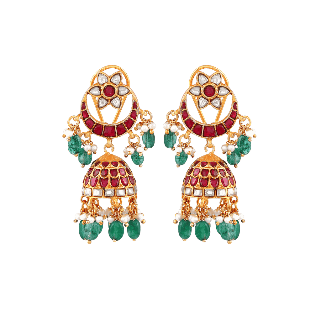 Antique Gold Plated jhumka earrings with red CZ stones, green beads, pearl drops, and intricate floral crescent design