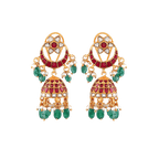 Antique Gold Plated jhumka earrings with red CZ stones, green beads, pearl drops, and intricate floral crescent design