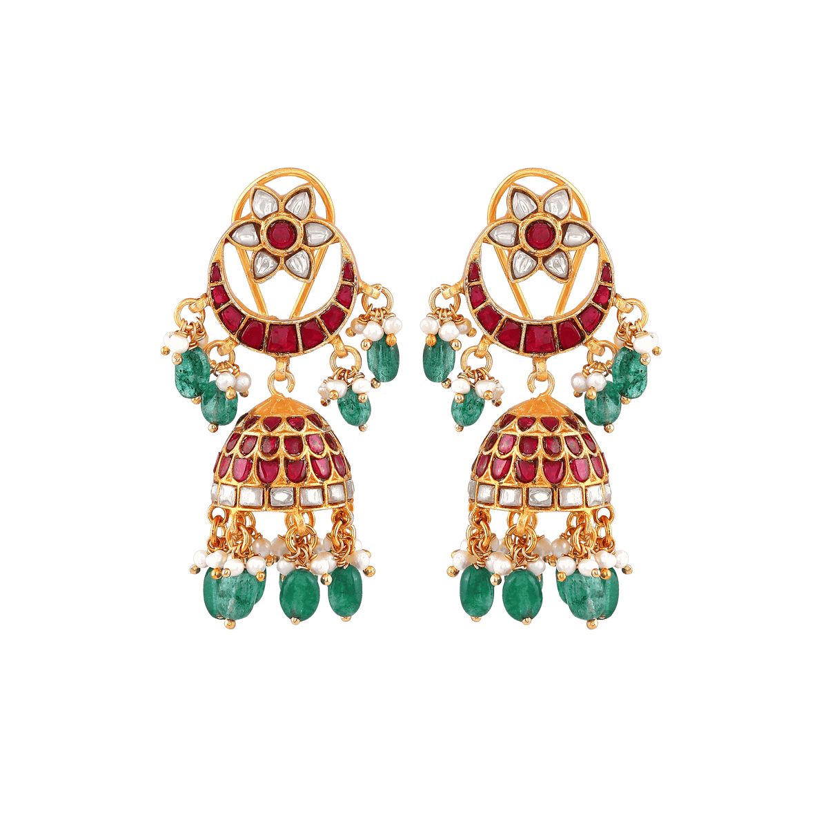 Antique Gold Plated jhumka earrings with red CZ stones, green beads, pearl drops, and intricate floral crescent design
