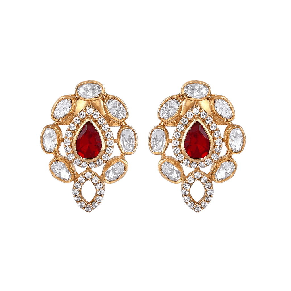 Red Teardrop CZ Silver gold-plated earrings with a central red stone, surrounded by clear CZ Polki stones in an oval pattern.