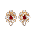 Red Teardrop CZ Silver gold-plated earrings with a central red stone, surrounded by clear CZ Polki stones in an oval pattern.