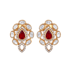Red Teardrop CZ Silver gold-plated earrings with a central red stone, surrounded by clear CZ Polki stones in an oval pattern.
