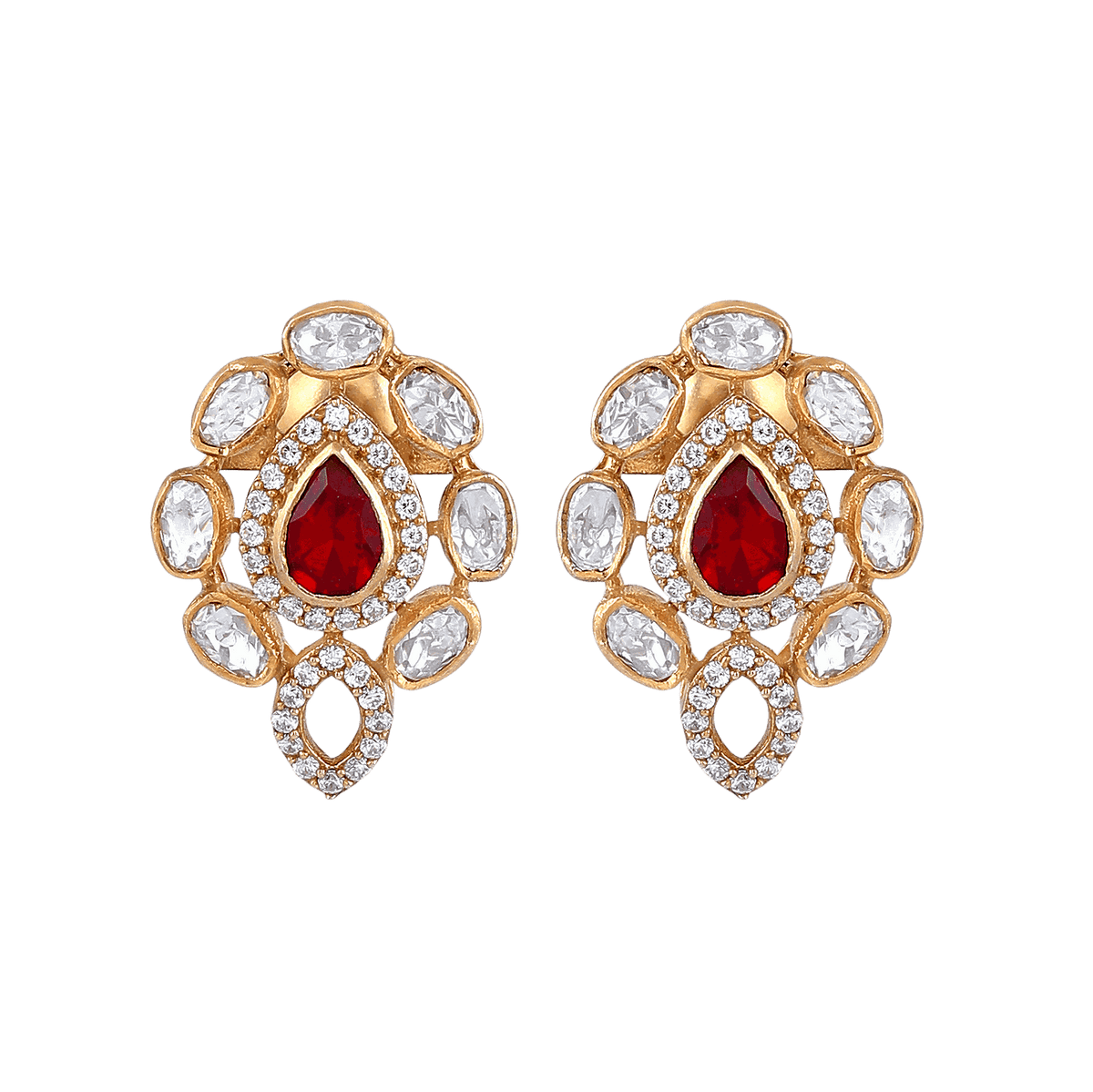 Red Teardrop CZ Silver gold-plated earrings with a central red stone, surrounded by clear CZ Polki stones in an oval pattern.
