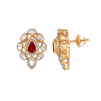 Red Teardrop CZ Silver Polki Pattern Earrings in Gold-PlatedRed Teardrop CZ Silver