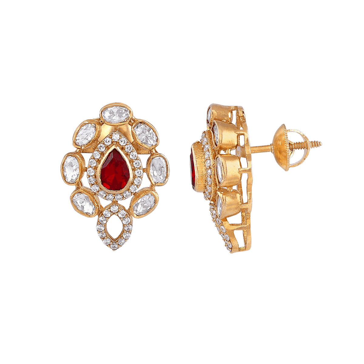Red Teardrop CZ Silver Polki Pattern Earrings in Gold-PlatedRed Teardrop CZ Silver