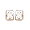 Silver Geometric CZ Halo Studs with rectangular open-frame design, gold-plated metal, and central Polki-style CZ stone surrounded by a halo of small CZ crystals.