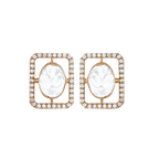 Silver Geometric CZ Halo Studs with rectangular open-frame design, gold-plated metal, and central Polki-style CZ stone surrounded by a halo of small CZ crystals.