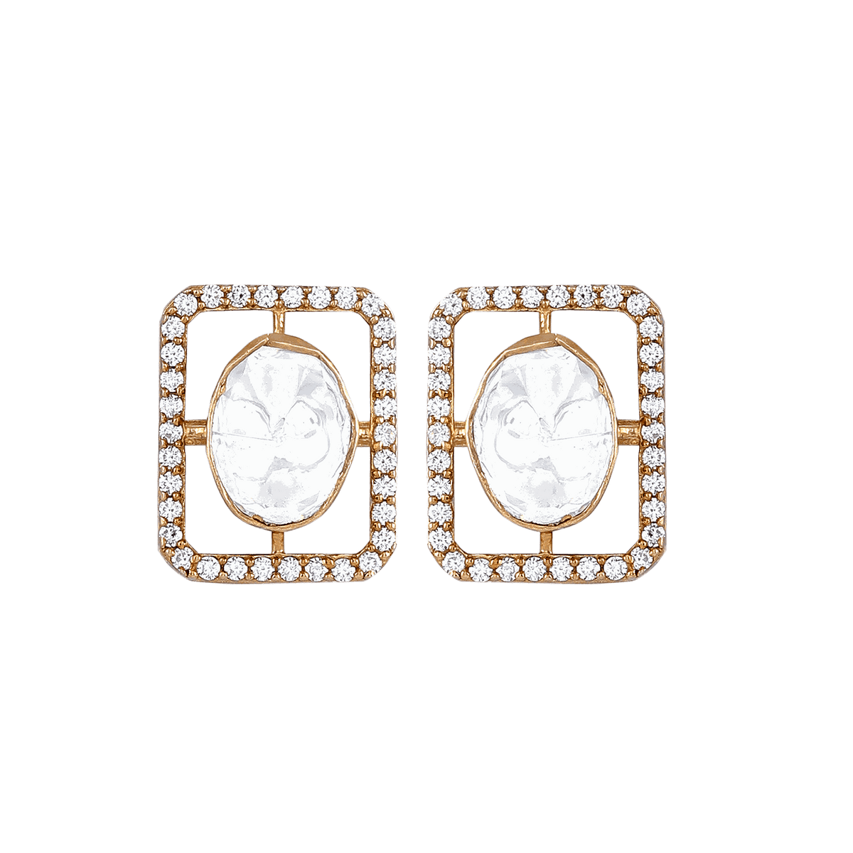 Silver Geometric CZ Halo Studs with rectangular open-frame design, gold-plated metal, and central Polki-style CZ stone surrounded by a halo of small CZ crystals.