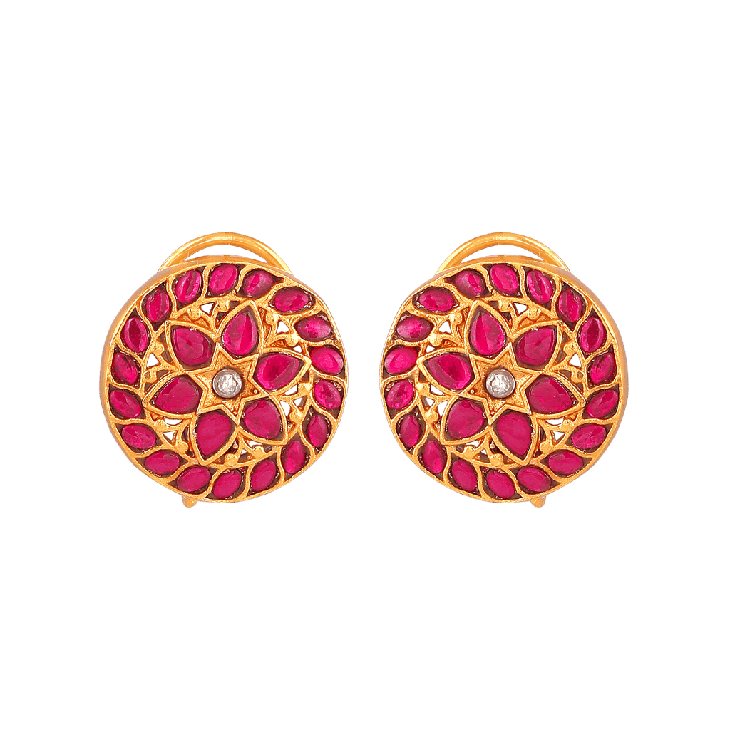 Kundan Pattern Stud Earrings in gold-toned 92.5 silver featuring red petal-shaped stones and a central white kundan stone.