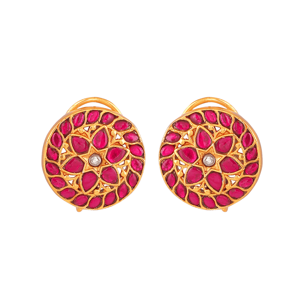 Kundan Pattern Stud Earrings in gold-toned 92.5 silver featuring red petal-shaped stones and a central white kundan stone.