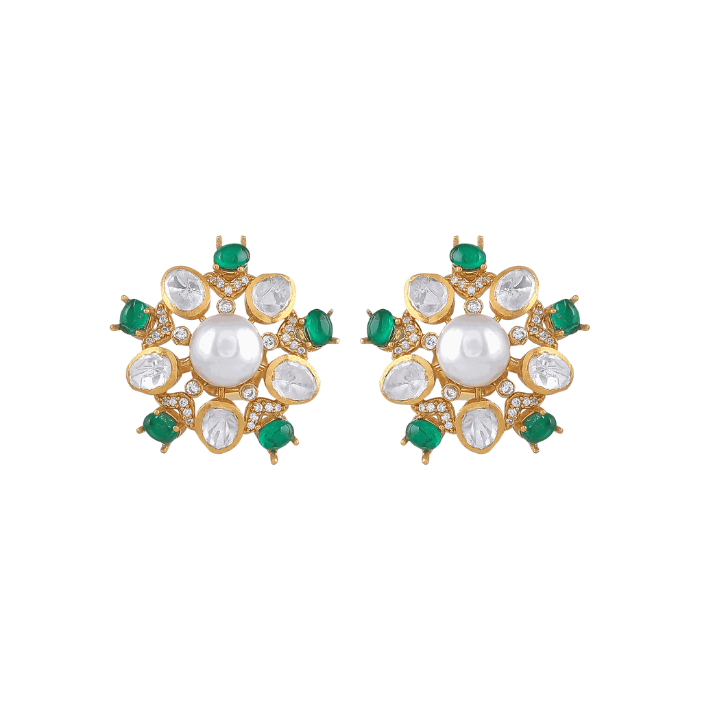 Gold Plated Silver Pearl floral studs featuring a central pearl, clear teardrop crystals, and green stones in a gold setting.
