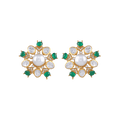 Gold Plated Silver Pearl floral studs featuring a central pearl, clear teardrop crystals, and green stones in a gold setting.