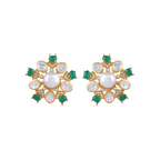 Gold Plated Silver Pearl floral studs featuring a central pearl, clear teardrop crystals, and green stones in a gold setting.