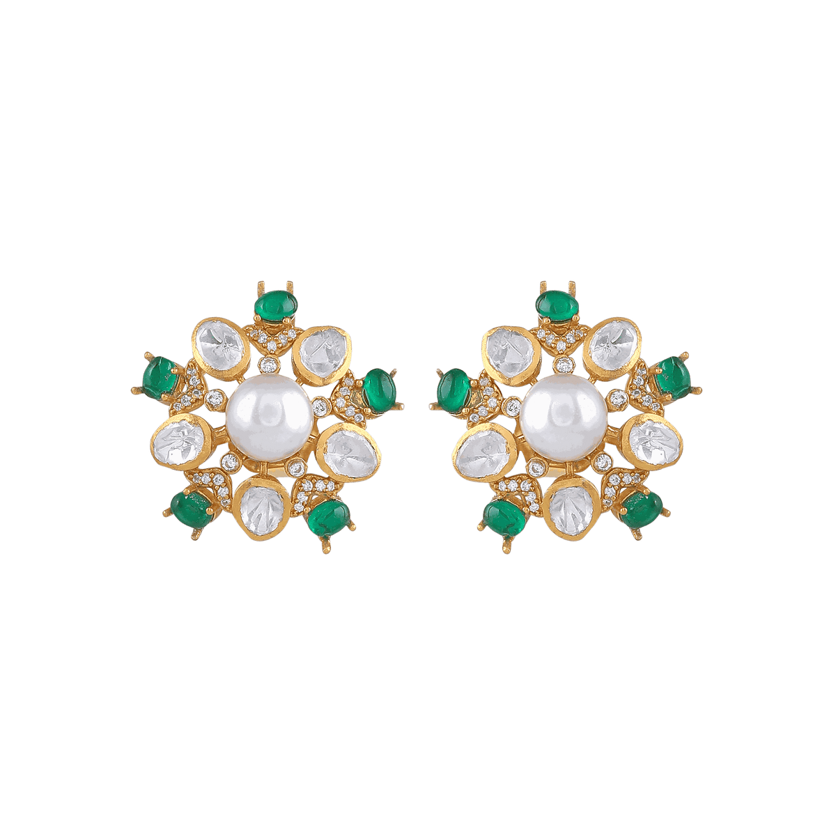 Gold Plated Silver Pearl floral studs featuring a central pearl, clear teardrop crystals, and green stones in a gold setting.