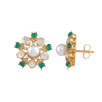 Gold Plated Silver Pearl Floral Studs with Green StonesGold Plated Silver Pearl