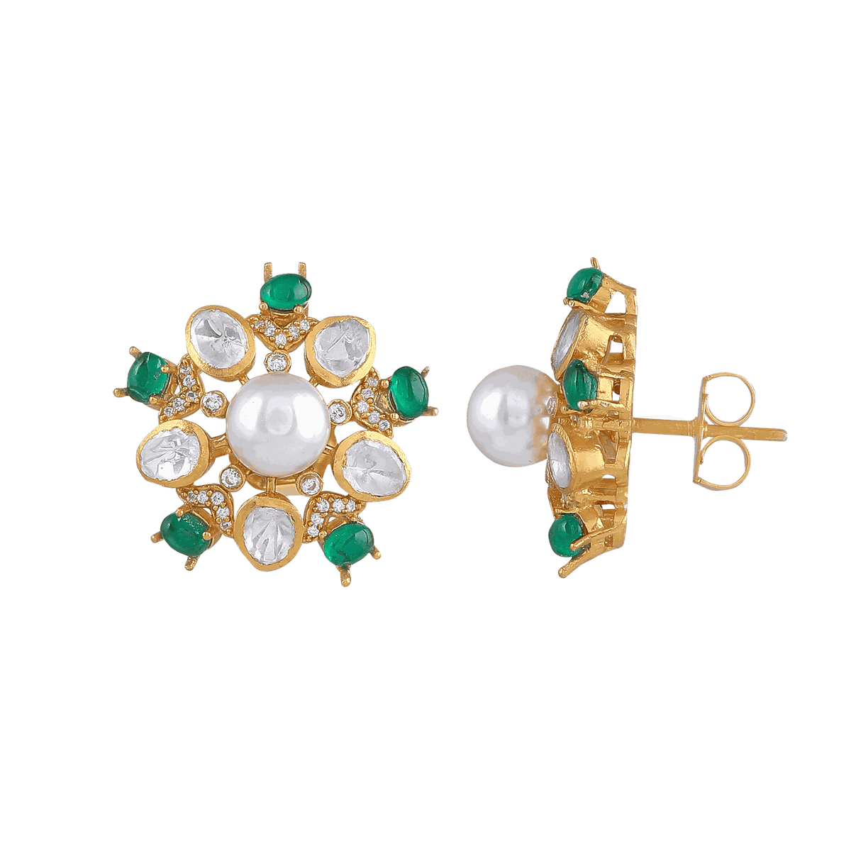 Gold Plated Silver Pearl Floral Studs with Green StonesGold Plated Silver Pearl