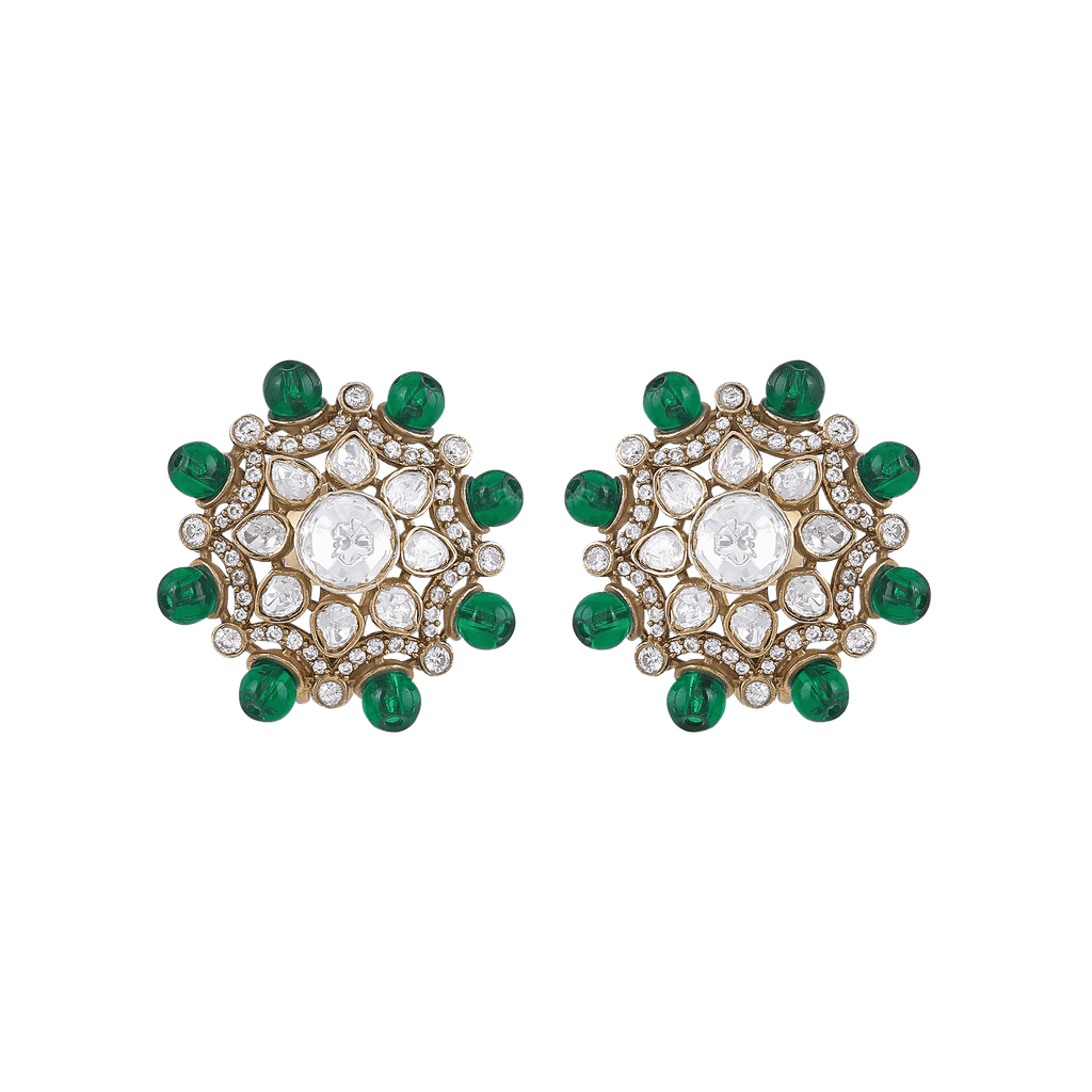 Floral halo stud earrings in gold-toned 92.5 silver featuring clear CZ stones and Green Bead accents around the edge.