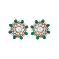 Floral halo stud earrings in gold-toned 92.5 silver featuring clear CZ stones and Green Bead accents around the edge.