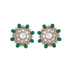 Floral halo stud earrings in gold-toned 92.5 silver featuring clear CZ stones and Green Bead accents around the edge.
