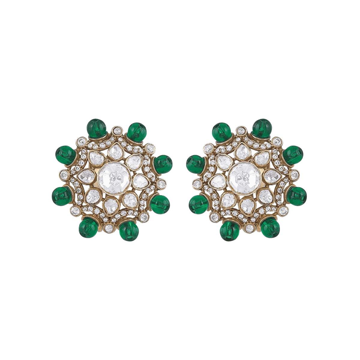 Floral halo stud earrings in gold-toned 92.5 silver featuring clear CZ stones and Green Bead accents around the edge.