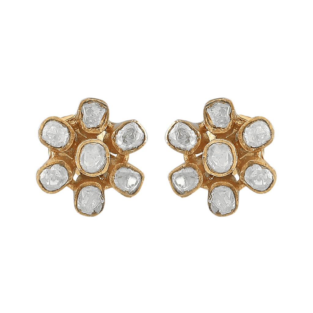 Royal Floral Polki Pattern gold-plated silver stud earrings featuring a six-petal floral design with white Polki-style stones.
