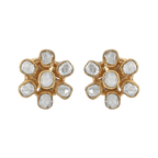 Royal Floral Polki Pattern gold-plated silver stud earrings featuring a six-petal floral design with white Polki-style stones.
