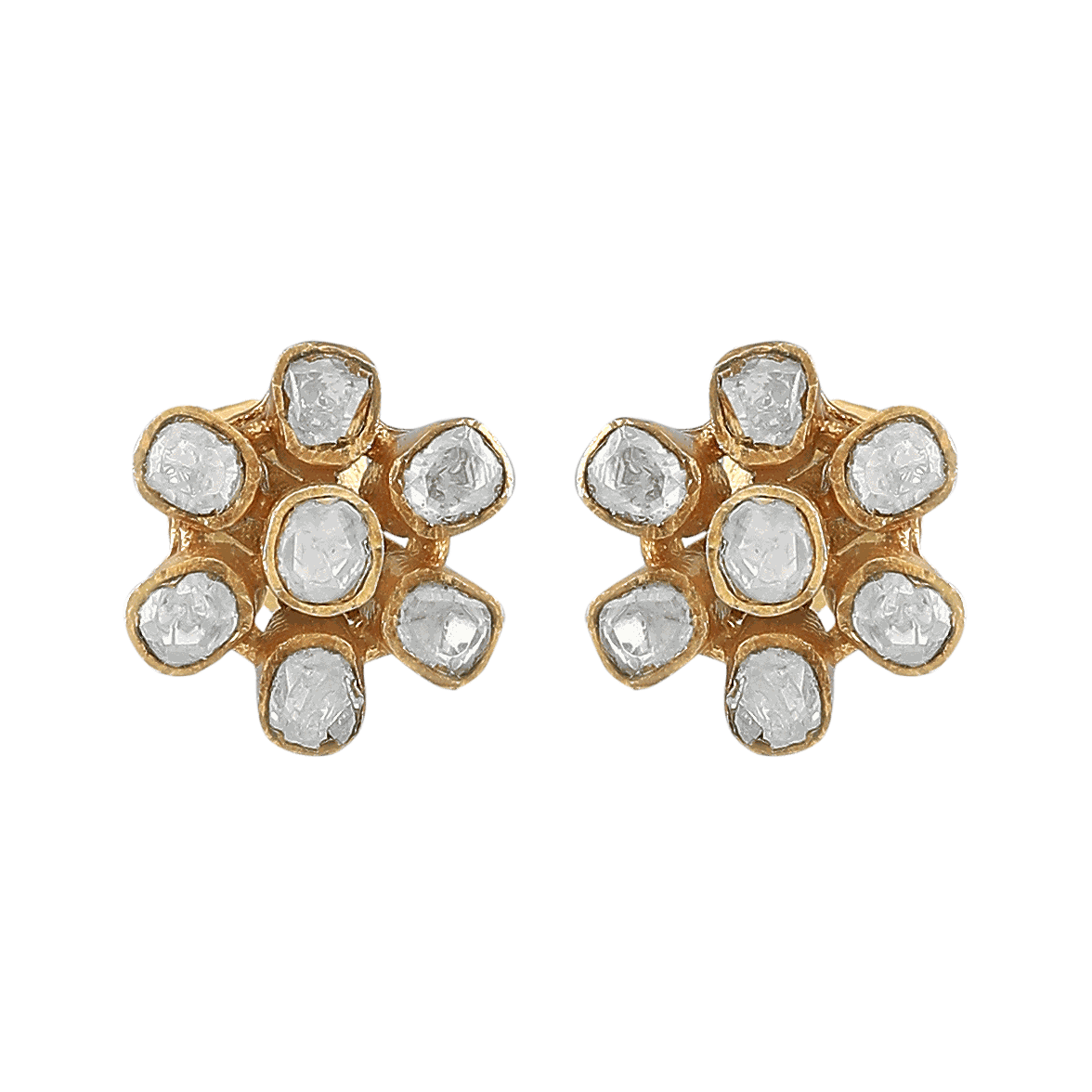 Royal Floral Polki Pattern gold-plated silver stud earrings featuring a six-petal floral design with white Polki-style stones.