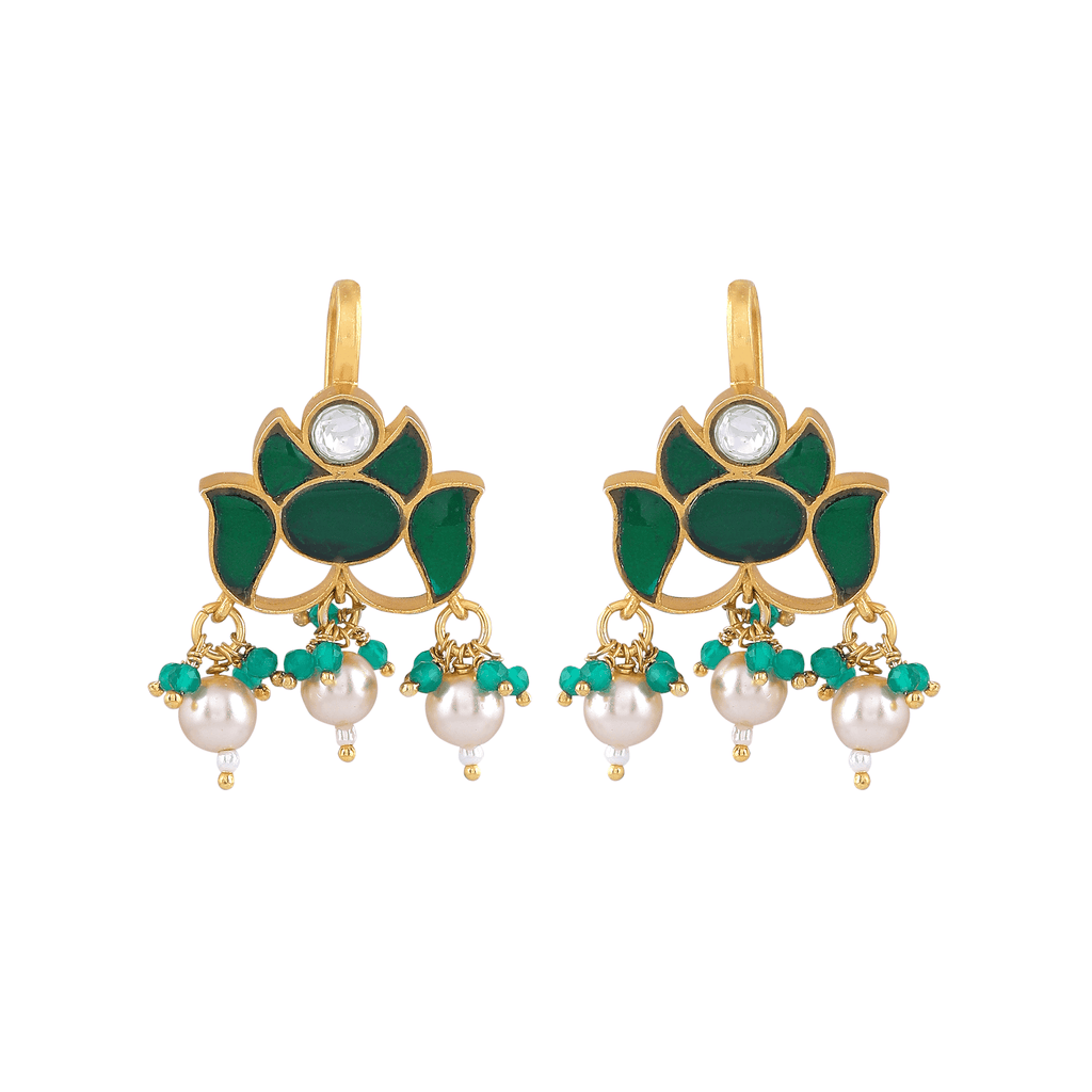 Silver Green Stone Lotus Pattern EarringsSilver Green Stone Lotus Pattern Earrings