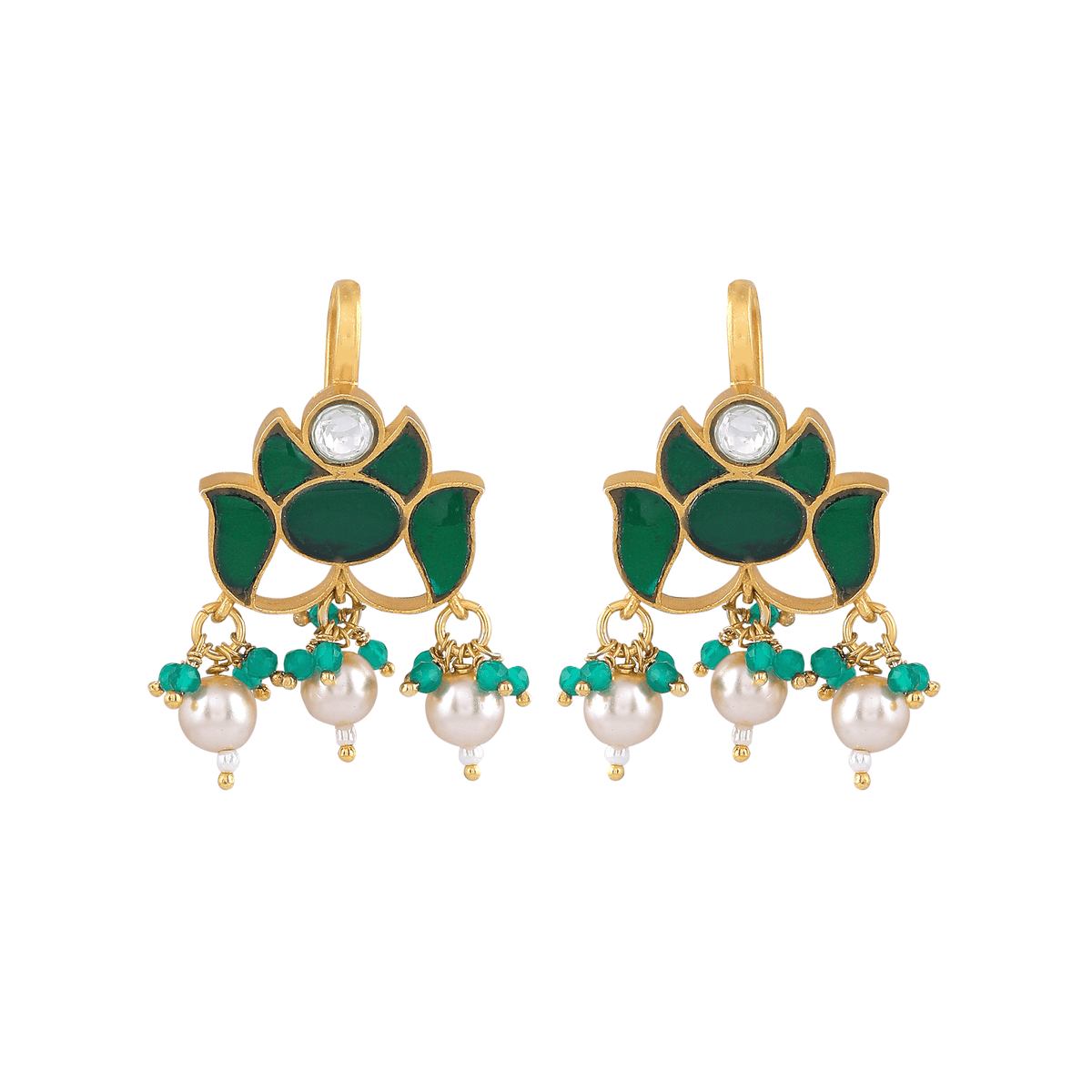 Silver Green Stone Lotus Pattern EarringsSilver Green Stone Lotus Pattern Earrings