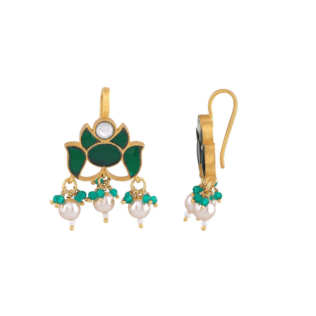 Silver Green Stone Lotus Pattern EarringsSilver Green Stone Lotus Pattern Earrings
