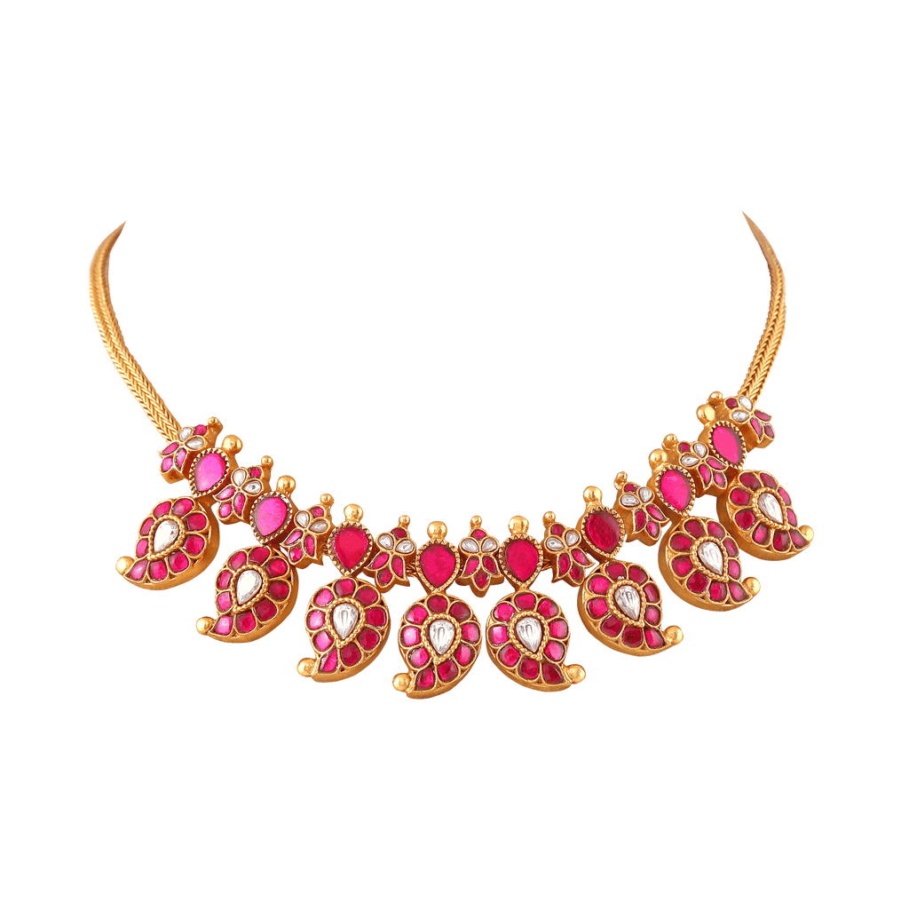 Silver Mango Necklace with Kundan PatternSilver Mango Necklace