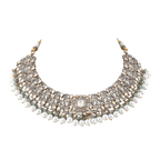 Silver Polki Pattern Short Necklace with Pearl DropsSilver Polki Pattern Short Necklace
