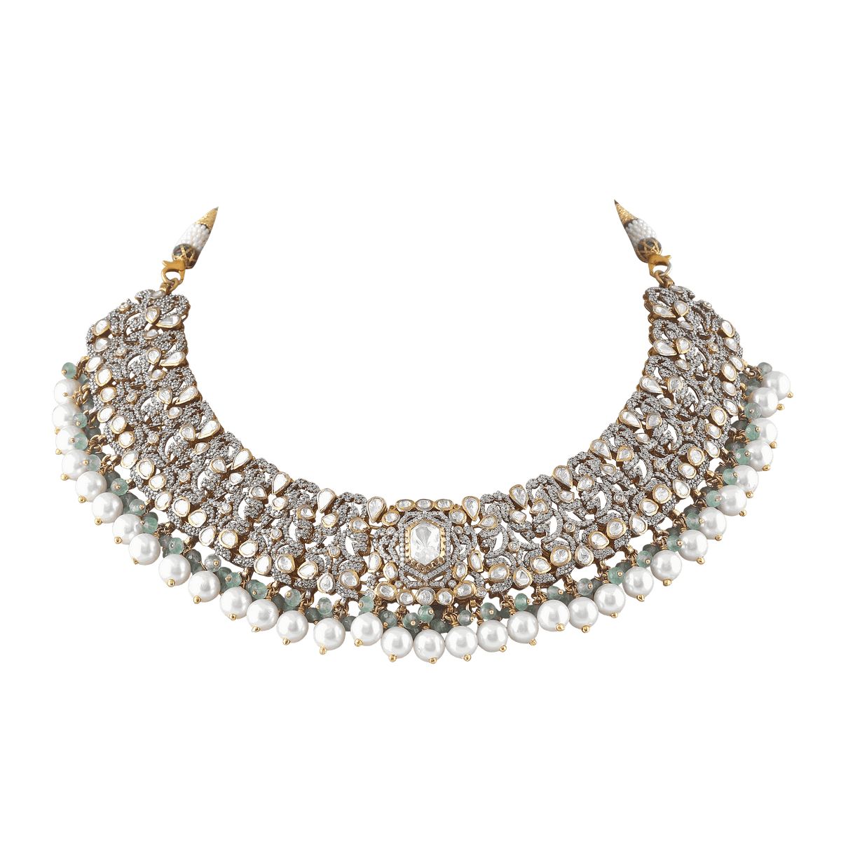 Silver Polki Pattern Short Necklace with Pearl DropsSilver Polki Pattern Short Necklace